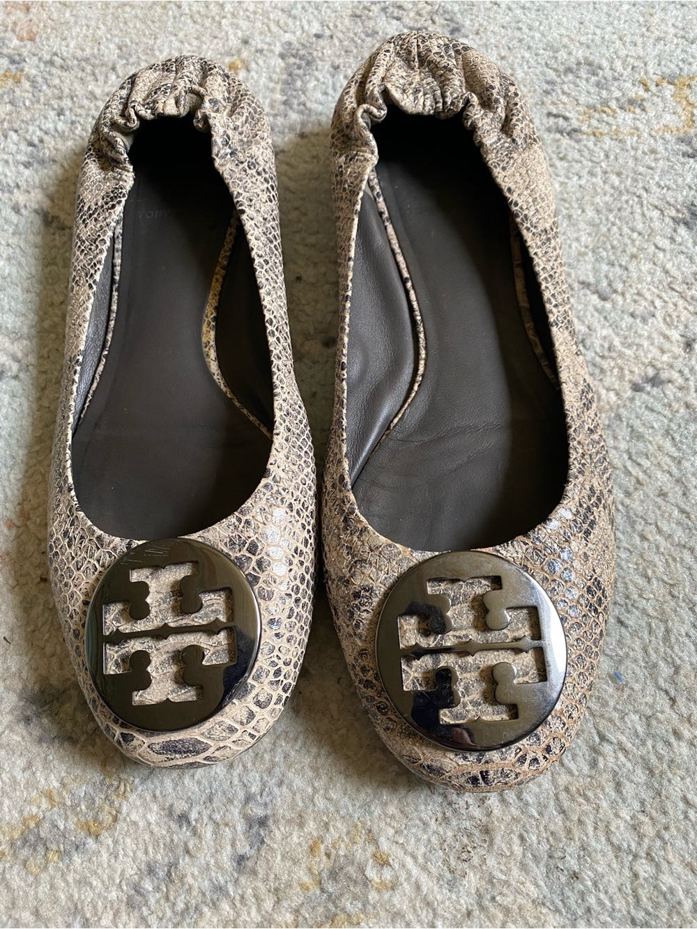 Tory Burch Snake-Print Logo Ballet Flats in Neutral Tones